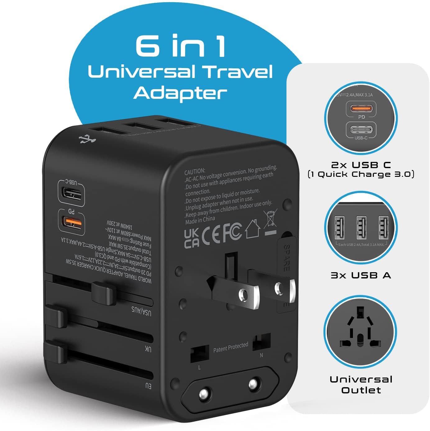 Ceptics World International Travel Plug Adapter - Powerful 33.5W with Pd & QC 3.0 Dual USB-C Power - 3 USB Ports Wall Charger Type I C G A Outlets 110V 220V A/C - EU Euro US UK (11-KU) - Image 2
