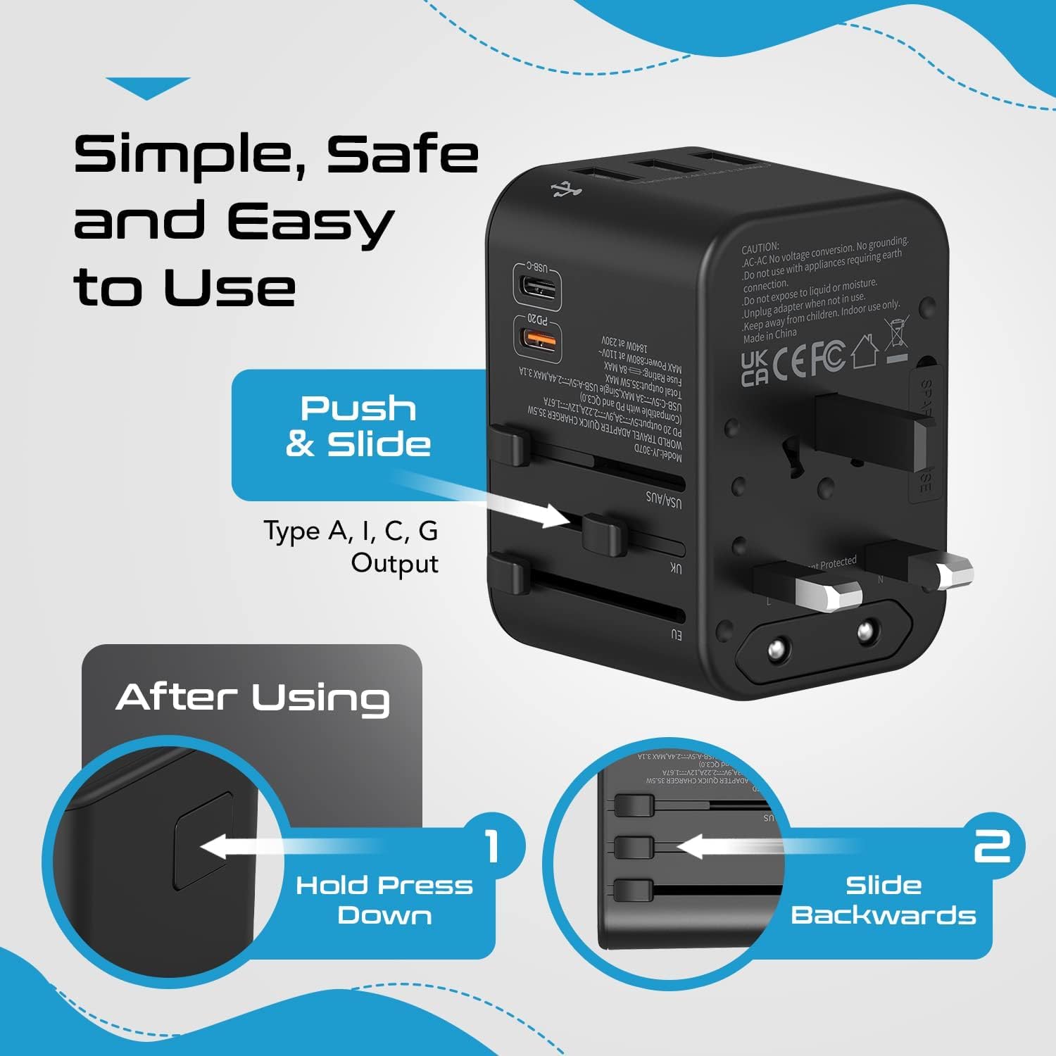 Ceptics World International Travel Plug Adapter - Powerful 33.5W with Pd & QC 3.0 Dual USB-C Power - 3 USB Ports Wall Charger Type I C G A Outlets 110V 220V A/C - EU Euro US UK (11-KU) - Image 5