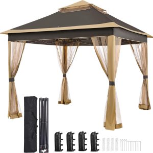 Yaheetech 11x11 Pop Up Gazebo Outdoor Canopy Shelter, Instant Patio Gazebo Sun Shade Canopy Tent with 4 Sandbags, 2 Tiers Roof & Mesh Netting for Lawn, Garden, Backyard & Deck, Brown